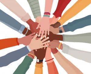 Illustration of diverse hands in a circle. We provide BIPOC mental health resources in North Carolina. Whether you are in Charlotte, Raleigh, or Asheville you can find a 